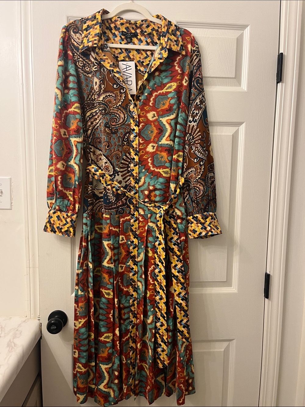 AVARA Teal & Rust Paisley Long Sleeve Midi Shirt Dress with Tie Waist